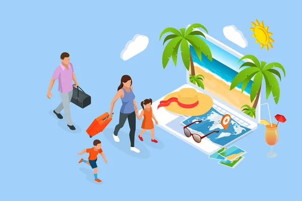 Изометрическая концепция летнего семейного путешествия. Отец с детьми на пляже наслаждается летом. Семейный отдых — стоковый вектор