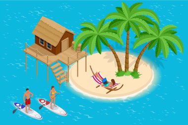 Isome Yaz Tatili konsepti. Yaz zamanı. Açık mavi gölde, tropikal ada manzaralı bir balayı tatil beldesinde sazdan yapılmış lüks çatı bungalovu. Tropik tatiller