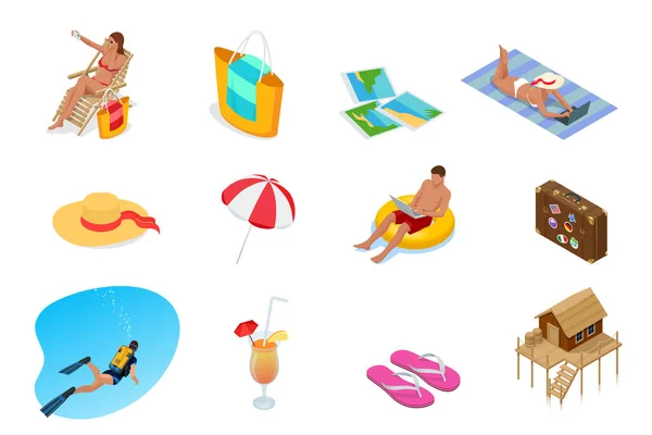 Collezione isometrica di icone estive. Elementi estate e vacanze . — Vettoriale Stock