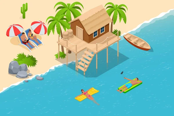 Isometric Summer Vacation concept. Summer time. Luxury overwater thatched roof bungalow in a honeymoon vacation resort in the clear blue lagoon with a view on the tropical island. Tropical vacations — Stock Vector