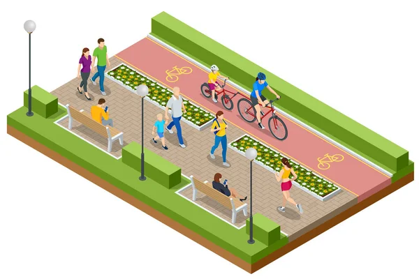 Personas isométricas que se relajan y caminan en el parque. La gente monta en bicicleta en un carril bici. Relajación activa y saludable . — Vector de stock