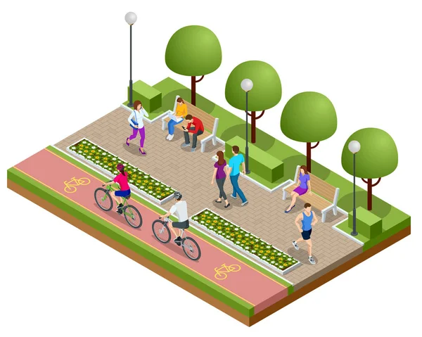Personas isométricas que se relajan y caminan en el parque. La gente monta en bicicleta en un carril bici. Relajación activa y saludable . — Vector de stock