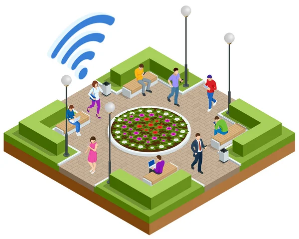 Isométrico Placa wi-fi gratuita no parque ou campus, zona wi-fi. Sinal de internet sem fio na rua. Mulheres e homens com laptop e tablet pc computadores no parque . — Vetor de Stock