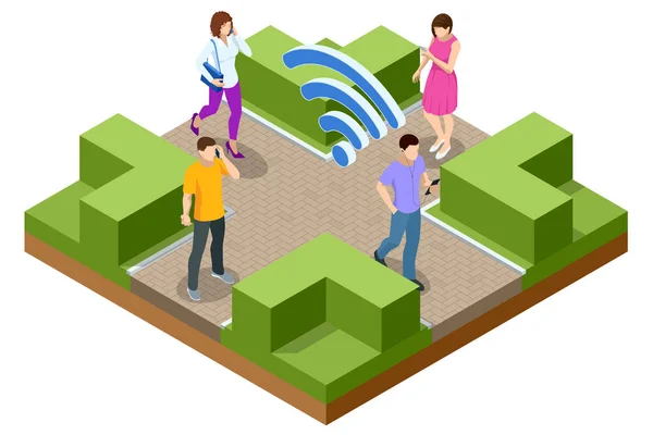 Isometric Free wi-fi signboard in park or campus, wifi zone. Bezdrátový internet na ulici. Ženy a muži s notebookem a tabletu PC počítače v parku. — Stockový vektor