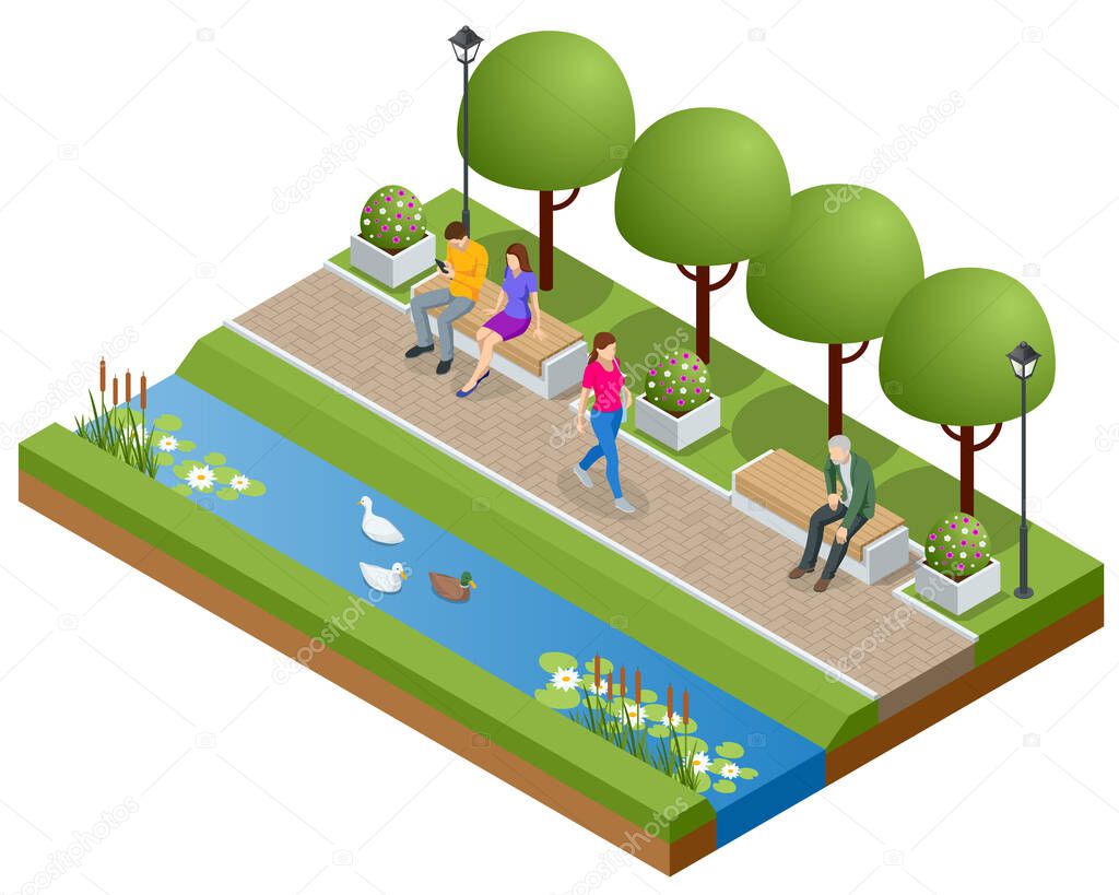 Isometric people relaxing and walking in the park near the lake. Active and healthy relaxation.