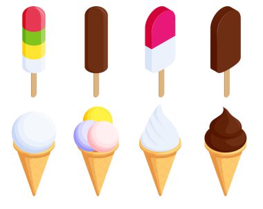 Çubukta dondurma, waffle kabında. Beyazın üzerinde izole edilmiş çeşitli dondurmalar..