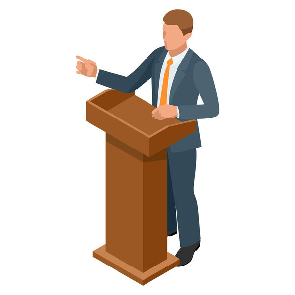 Isometric businessman isolated on write. Creating an office worker character, cartoon people. Business people. Tribune or pulpit for speaker official, president or professor.
