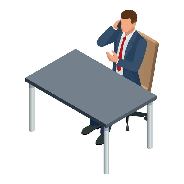 Isometrischer Geschäftsmann isoliert auf dem Schreibtisch. Erstellen einer Büroangestellten-Figur, Zeichentrickfiguren. Geschäftsmann sitzt an einem Tisch und spricht auf einem Smartphone — Stockvektor