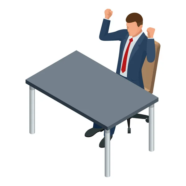 Isometrischer Geschäftsmann isoliert auf dem Schreibtisch. Erstellen einer Büroangestellten-Figur, Zeichentrickfiguren. Geschäftsmann sitzt an einem Tisch und freut sich — Stockvektor