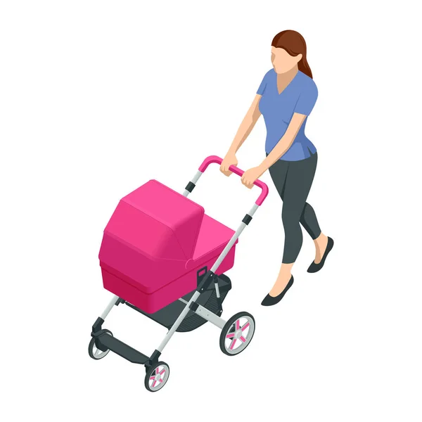 Isometric baby carriage isolated on a white background. Kids transport. Strollers for baby boys or baby girls. Woman with baby stroller walks. Theme of motherhood and fatherhood — Stock Vector