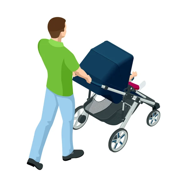 Carruagem isométrica do bebê isolada em um fundo branco. Transporte de crianças. Carrinhos para meninos ou meninas. Homem com carrinhos de bebé. Tema da maternidade e paternidade — Vetor de Stock