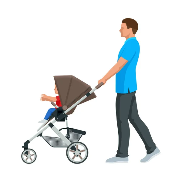 Carruagem de bebê isolada em um fundo branco. Transporte de crianças. Carrinhos para meninos ou meninas. Homem com carrinhos de bebé. Tema da maternidade e paternidade — Vetor de Stock