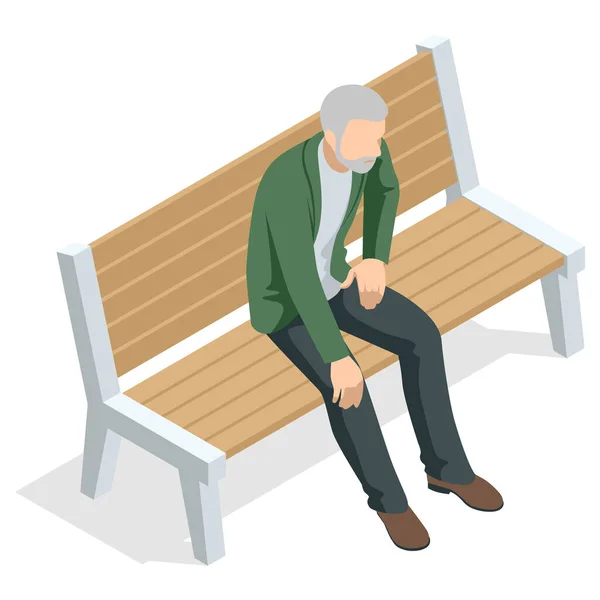 Vecchio isometrico seduto su una panchina e a riposo, vista frontale, isolato su sfondo bianco — Vettoriale Stock