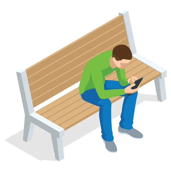 Isometrisk ung man sitter och använder mobiltelefon sitter på en bänk och vilar, framifrån, Isolerad på vit bakgrund — Stock vektor