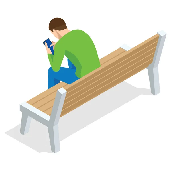 Izometrikus fiatalember ül és mobiltelefon ül egy padon, és pihenés, visszapillantás, elszigetelt fehér háttér — Stock Vector