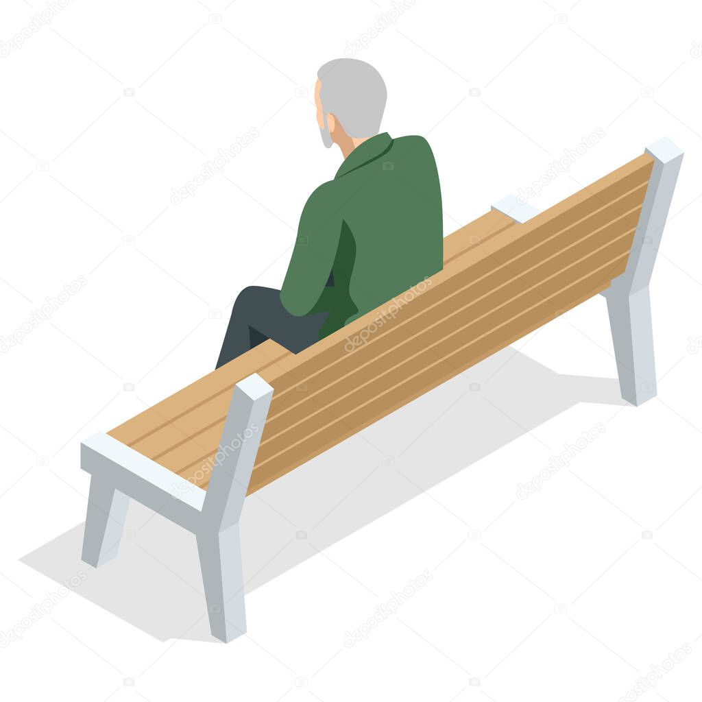 Isometric old man sitting on a bench and resting , back view, Isolated on white background