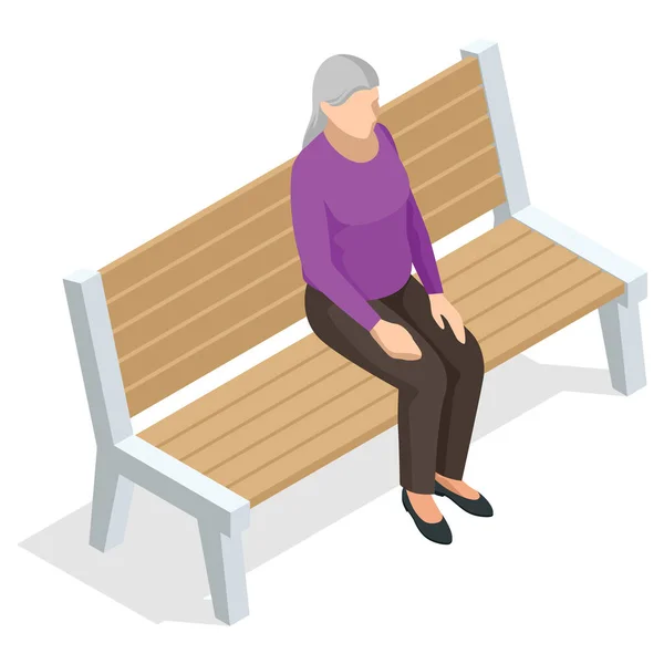 Isometrica vecchia seduta su una panchina e a riposo, vista frontale, isolata su sfondo bianco — Vettoriale Stock