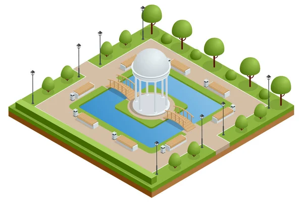 Isometrische stadspark met een meer en een prieel in het centrum. Stedelijke groene tuin voor wandelingen, rust, ontspannen. — Stockvector