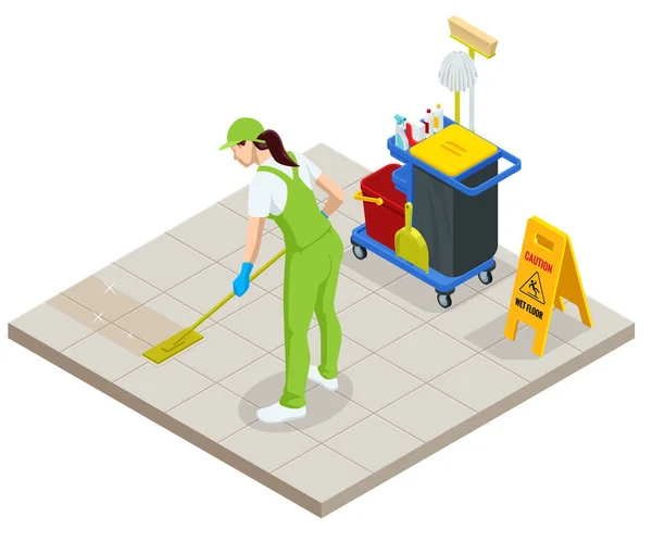 Isométrico concepto de servicio de lavado y limpieza. Desinfección y limpieza . — Vector de stock