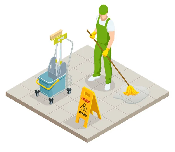 Isometrische wassen en schoonmaken service concept. Desinfectie en reiniging. — Stockvector