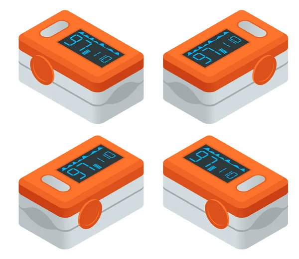 Isometric Portable Pulse Oximetry, Pulse Oximeter Fingertip. Pulse oximetry is a noninvasive method for monitoring a persons oxygen saturation. — Stock Vector