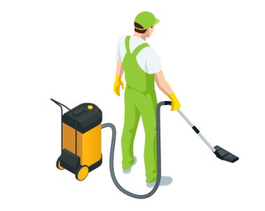 Beyaz arka planda izole edilmiş çeşitli tipte elektrikli süpürgesi olan Isome 'lı bir adam. Yıkama ve Temizleme servisi konsepti. Dezenfeksiyon ve temizlik.