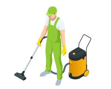 Beyaz arka planda izole edilmiş çeşitli tipte elektrikli süpürgesi olan Isome 'lı bir adam. Yıkama ve Temizleme servisi konsepti. Dezenfeksiyon ve temizlik.