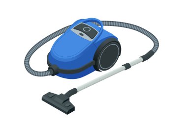 Beyaz arka planda izole edilmiş Isome elektrikli süpürge. Mavi elektrikli süpürge. Temizlik hizmeti konsepti. Dezenfeksiyon ve temizlik.