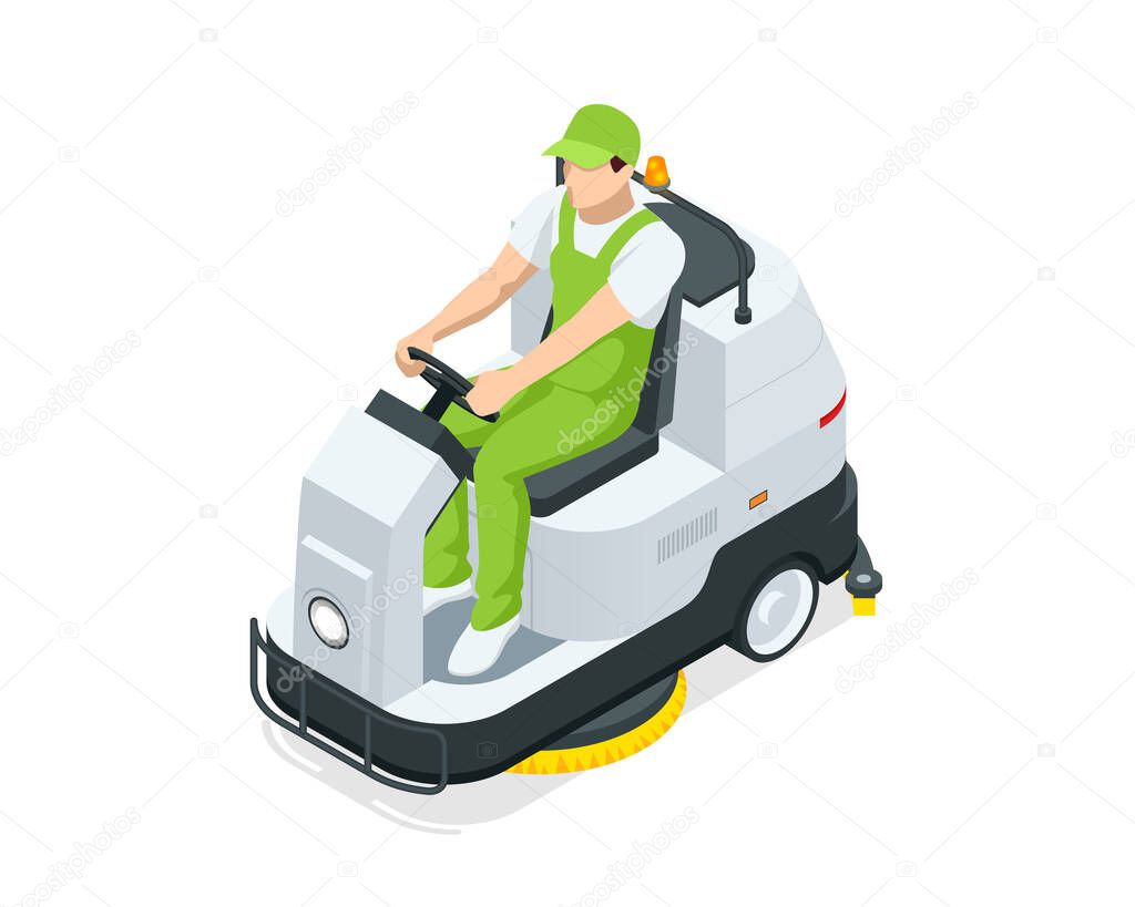 Isometric floor washing machine isolated on white background. Floor care and cleaning services. Man worker cleaning floor washing vacuum cleane