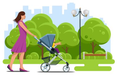 Bebek arabası beyaz arka planda izole edilmiş. Çocuk nakli. Bebek arabaları ya da kız bebekler için. Bebek arabalı kadın yürüyor. Annelik ve babalık teması