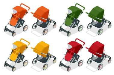 İzometrik bebek arabaları beyazlar üzerinde izole edilmiş, çocuklar taşınıyor.