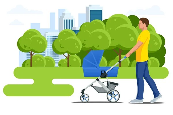 Babywagen geïsoleerd op een witte achtergrond. Kinderen vervoer. Wandelwagens voor baby jongens of baby meisjes. Man met kinderwagen loopt. Thema van moederschap en vaderschap — Stockvector