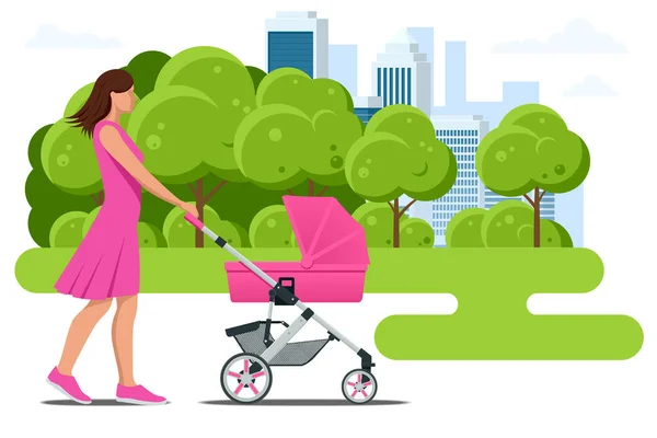 Babywagen geïsoleerd op een witte achtergrond. Kinderen vervoer. Wandelwagens voor baby jongens of baby meisjes. Vrouw met kinderwagen loopt. Thema van moederschap en vaderschap — Stockvector