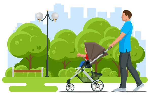 Babywagen geïsoleerd op een witte achtergrond. Kinderen vervoer. Wandelwagens voor baby jongens of baby meisjes. Man met kinderwagen loopt. Thema van moederschap en vaderschap — Stockvector