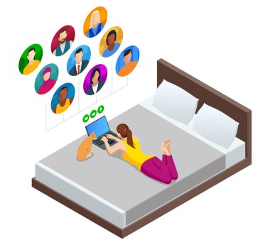 Isometric video konferansı. Çevrimiçi iş görüşmesi formu. Merkez ofis. Çok ırklı iş adamları. Evde kalıp, Coronavirus salgını sırasında ev konseptine göre çalışmak.