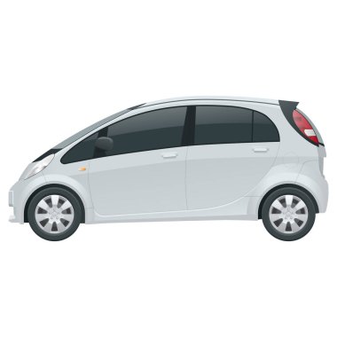 Küçük elektrikli araç ya da hibrit araba. Çevre dostu yüksek teknolojili otomobil. Renk değişikliği kolay. Beyaz Görünüm tarafında izole edilmiş şablon vektörü