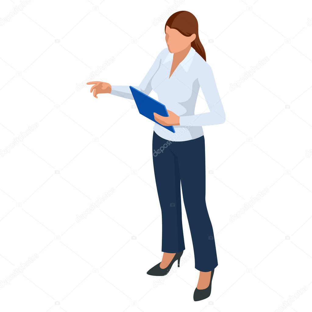 Isometric Business women stylish isolated on white. Business ladies, business woman character pose