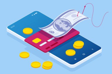 Isometric Data koruması. Hacker şifreleri ve kredi kartı bilgilerini çalıyor. Balık oltasında kredi veya banka kartı, İnternet güvenliği.