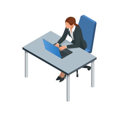 Isometric Business kadınları beyazlar üzerinde izole edilmiş. İş kadınları, iş kadını karakteri pozu. Bilgisayarda çalışan iş kadını.