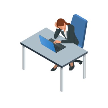 Isometric Business kadınları beyazlar üzerinde izole edilmiş. İş kadınları, iş kadını karakteri pozu. Bilgisayarda çalışan iş kadını.