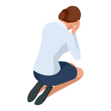 Isometric Business kadınları beyazlar üzerinde izole edilmiş. İş kadınları, iş kadını pozu, ağlama, pset, üzüntü, kırgınlık, gözyaşı, keder, üzüntü, acı.