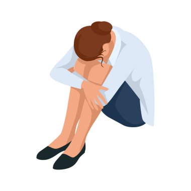 Isometric Business kadınları beyazlar üzerinde izole edilmiş. İş kadınları, iş kadını pozu, ağlama, pset, üzüntü, kırgınlık, gözyaşı, keder, üzüntü, acı.