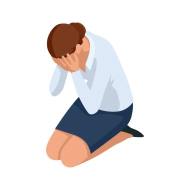 Isometric Business kadınları beyazlar üzerinde izole edilmiş. İş kadınları, iş kadını pozu, ağlama, pset, üzüntü, kırgınlık, gözyaşı, keder, üzüntü, acı.