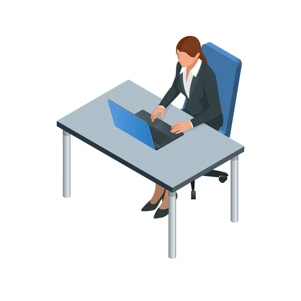Isometric Business women stylish isolated on white. Business ladies, business woman character pose. Business woman working at the computer — Stock Vector