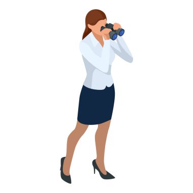 Isometric Business kadınları beyazlar üzerinde izole edilmiş. İş kadınları, iş kadını karakteri pozu. İş kadınları teleskop kullanarak başarı arıyorlar..