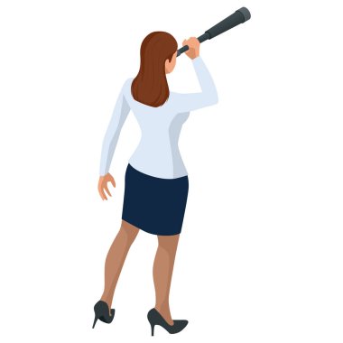 Isometric Business kadınları beyazlar üzerinde izole edilmiş. İş kadınları, iş kadını karakteri pozu. İş kadınları teleskop kullanarak başarı arıyorlar..