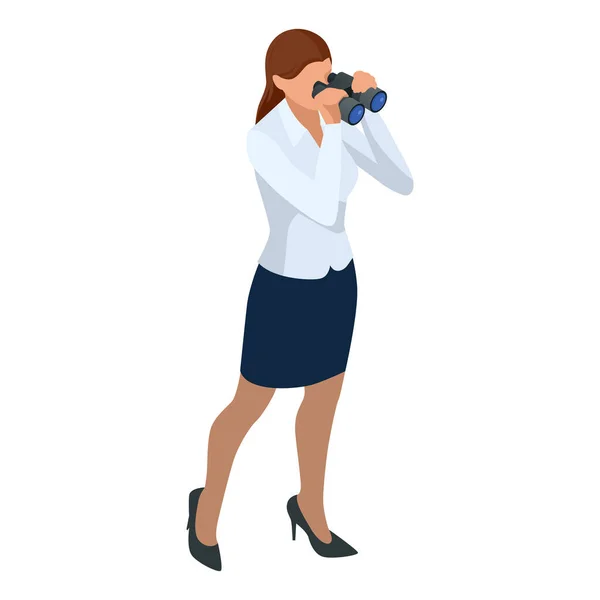 Isométricas mujeres de negocios con estilo aislado en blanco. Señoras de negocios, mujer de negocios pose carácter. Mujeres de negocios usando telescopio en busca de éxito . — Vector de stock