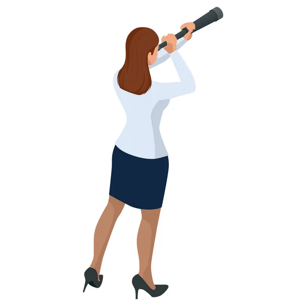 Isometric Business women stylish isolated on white. Business ladies, business woman character pose. Business women using telescope looking for success. — Stock Vector