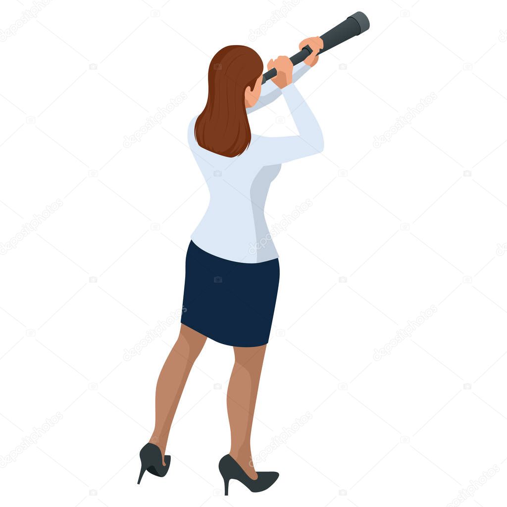 Isometric Business women stylish isolated on white. Business ladies, business woman character pose. Business women using telescope looking for success.