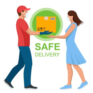 Coronavirüs salgını sırasında güvenli yiyecek teslimatı. Eve ve ofise teslimat. Teslimatçı ya da kurye tıbbi maske ve eldivenler takıp eve teslim ediyor. Karantina sırasında online alımlar.
